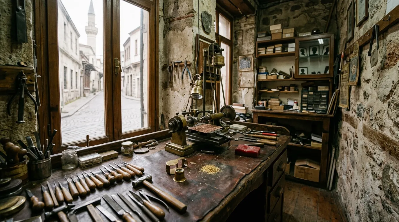 Çemberlitaş'taki atölyenin tezgâhı, el kalemleri ve pencereden sokak